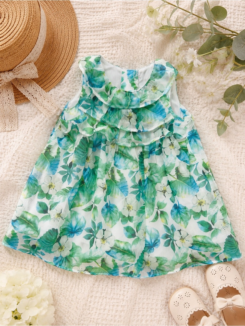 Mayoral Floral Ruffle Dress 12-18 Months 86cm Green Blue Botanical Spring Easter